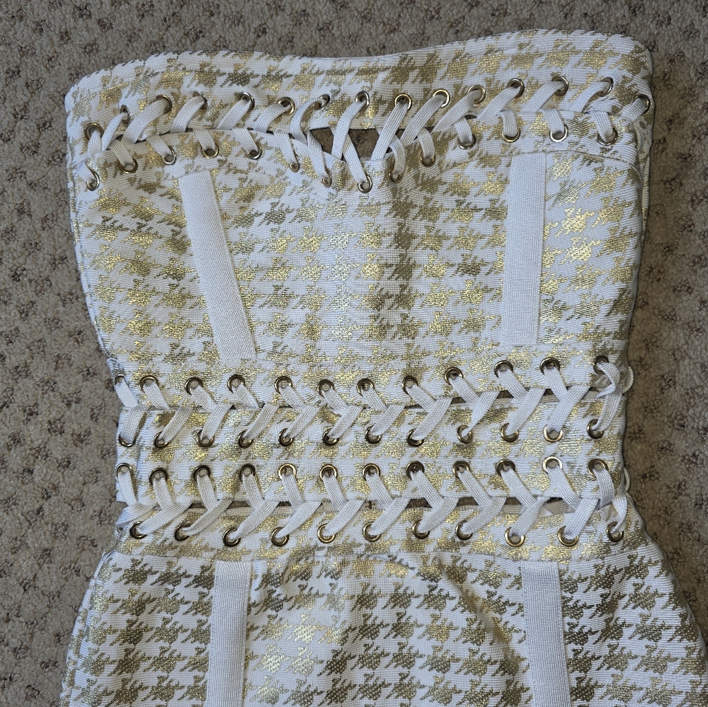 Gold Herringbone Pattern Bodycon Strapless Dress - image 3